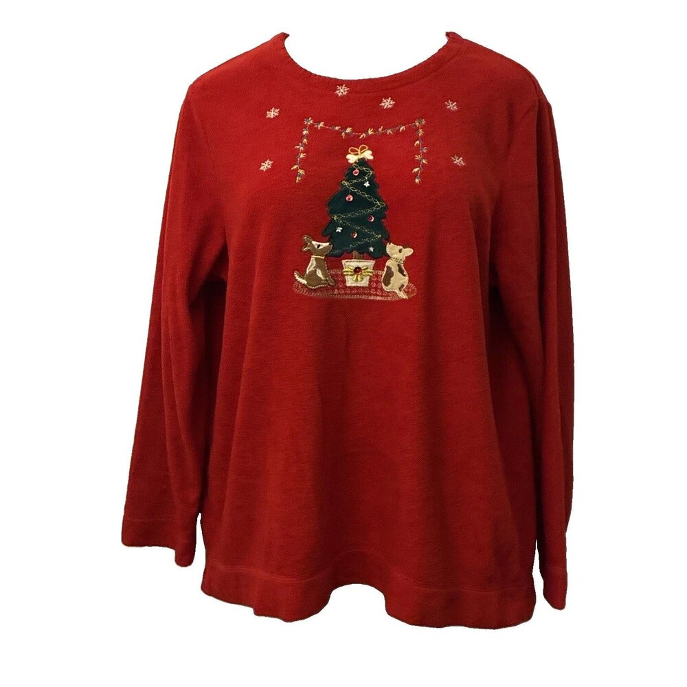 Vtg White Stag Holiday Top Fleece Christmas Puppies Embroidered Red Grandma XL